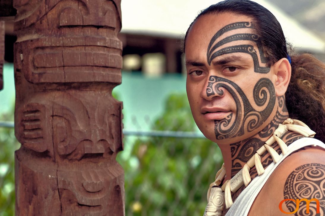 Photo of Polynesian traditional tattoo on a man's face. Taken of Jean Eve on the Marquesas island of Nuku Hiva by Amanda Fornal in October 2006.