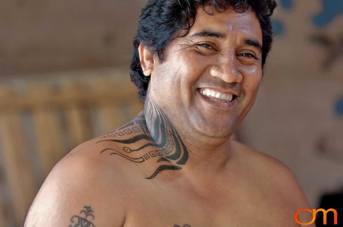 Photo of Rapa Nui (Easter Island) traditional tattoo on a man's neck. Taken of Julio by Amanda Fornal in December 2006.