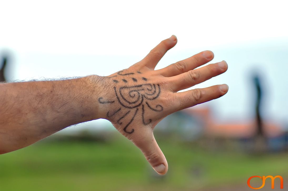 Photo of Rapa Nui (Easter Island) traditional tattoo on a man's hand. Taken of Julio by Amanda Fornal in December 2006.