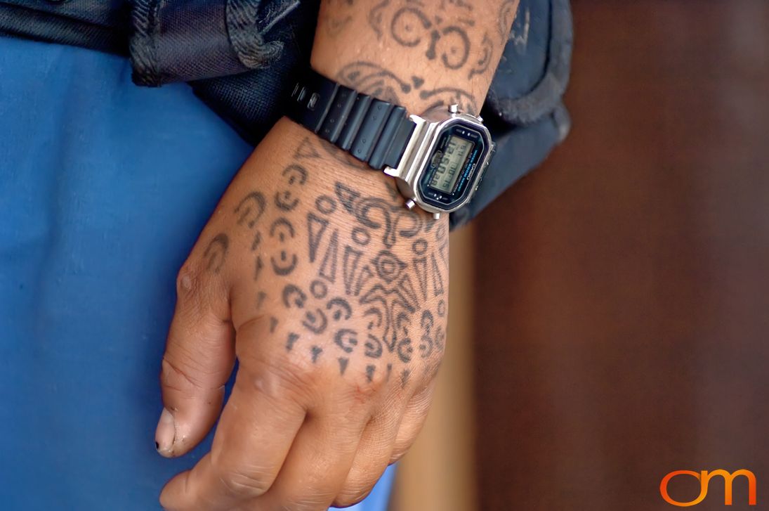 Photo of Rapa Nui (Easter Island) traditional tattoo on a man's hand. Taken by Amanda Fornal in December 2006.