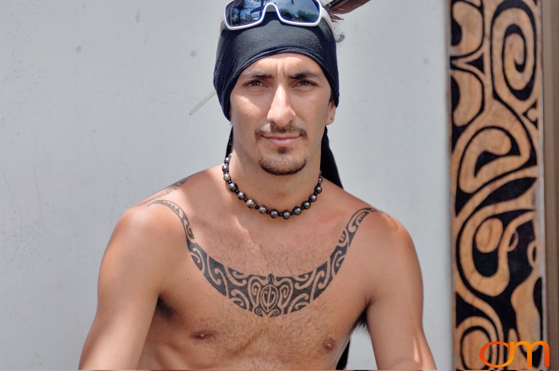 Photo of Rapa Nui (Easter Island) traditional tattoo on a man's chest. Taken of Mokomae by Amanda Fornal in December 2006.