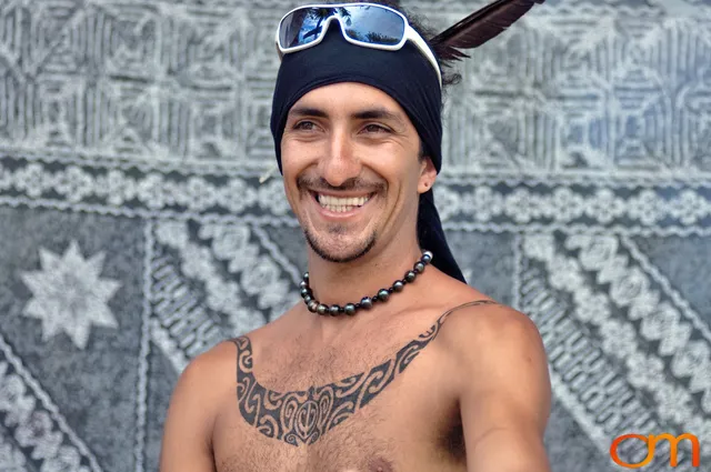 Photo of Rapa Nui (Easter Island) traditional tattoo on a man's chest. Taken of Mokomae by Amanda Fornal in December 2006.