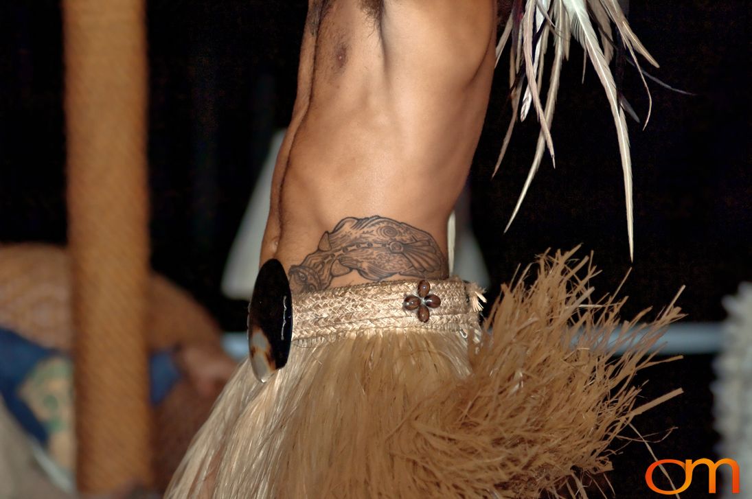 Photo of Rapa Nui (Easter Island) traditional tattoo on Kari Kari Dancer. Taken of Mokomae by Amanda Fornal in December 2006.