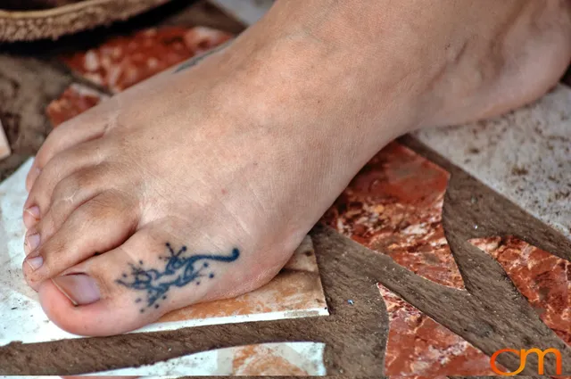 Photo of Rapa Nui (Easter Island) traditional tattoo on a foot. Taken by Amanda Fornal in December 2006.