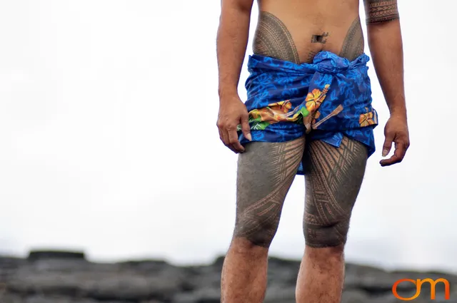 Photo of a Samoan Peʻa, traditional male tatau (tattoo). Taken of Chris on the island of Savai’i by Amanda Fornal in September 2006.