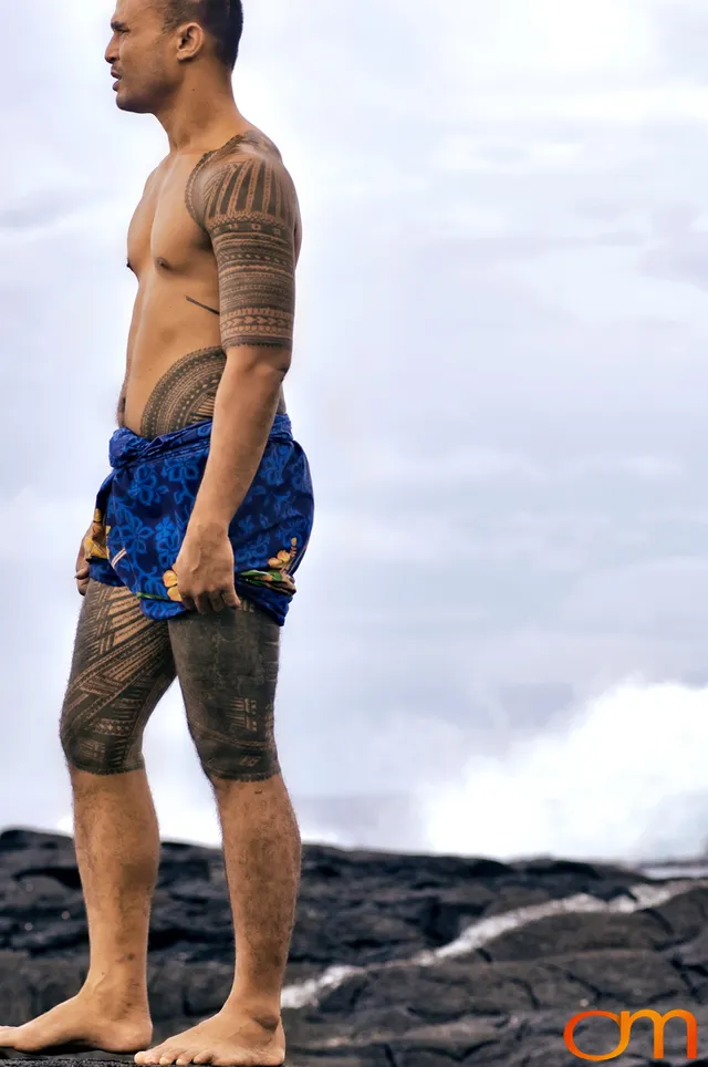 Photo of a Samoan Peʻa, traditional male tatau (tattoo). Taken of Chris on the island of Savai’i by Amanda Fornal in September 2006.