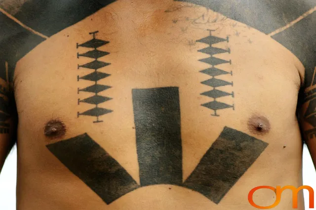 Photo of Solomon Island traditional tattoo on a man's chest. Taken on of Francis Tekatoha, a Solomon Islands anthropologist by Amanda Fornal in December 2006.