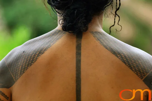 Photo of Solomon Island traditional tattoo on a man's back. Taken on of Francis Tekatoha, a Solomon Islands anthropologist by Amanda Fornal in December 2006.