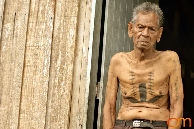 Photo of Solomon Island traditional tattoo on a man's chest. Taken of Timoseus on the island of Rennell by Amanda Fornal in December 2006.