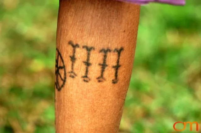 Photo of a woman's leg with Solomon Island traditional tattoos. Taken on the island of Rennell by Amanda Fornal in December 2006.