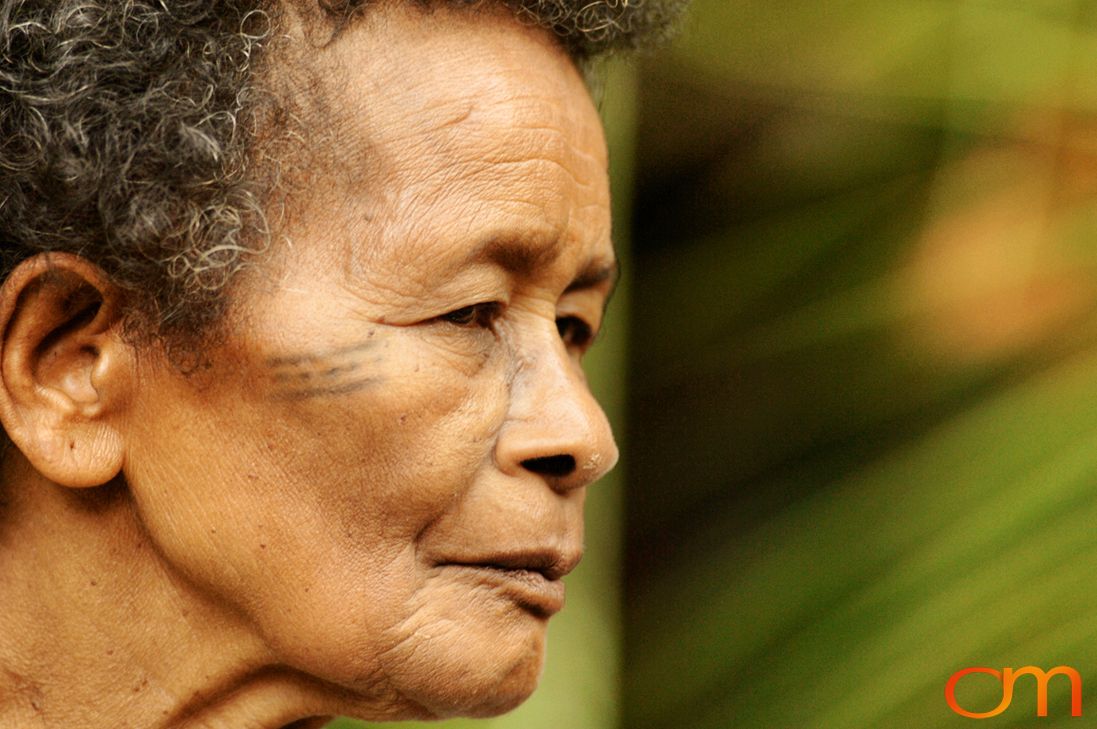 Photo of Vanuatu woman with a traditional tattoo on her face. Taken of Catherine on the Vanuatu Island of Ambae by Amanda Fornal in December 2006.